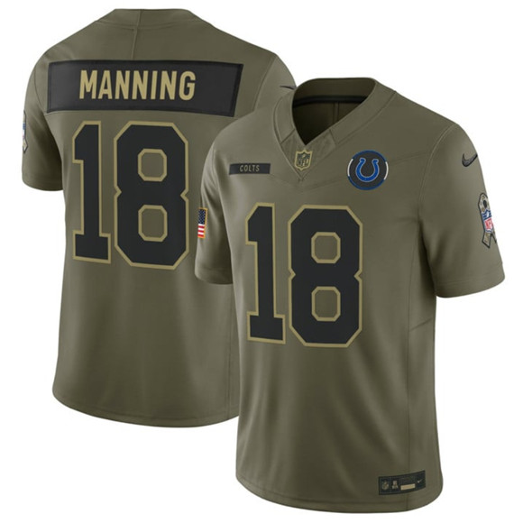 Men's Indianapolis Colts 18 Peyton Manning Olive 2025 Salute to Service Limited Football Stitched Jersey
