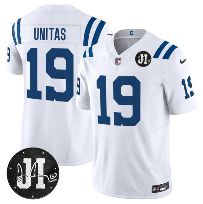 Men's Indianapolis Colts 19 Johnny Unitas White 2025 F.U.S.E. Jim Irsay Patch Vapor Limited Football Stitched Jersey