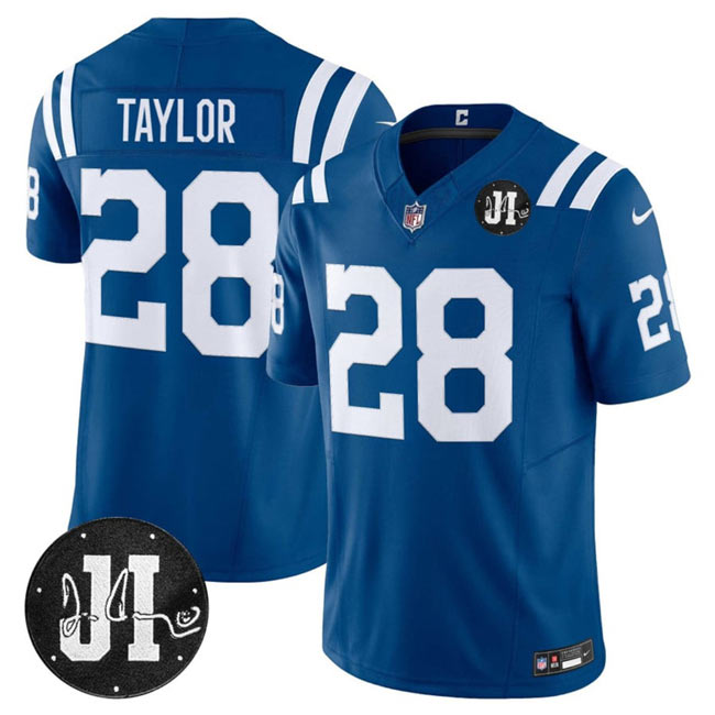 Men's Indianapolis Colts 28 Jonathan Taylor Blue 2025 F.U.S.E. Jim Irsay Patch Vapor Limited Football Stitched Jersey