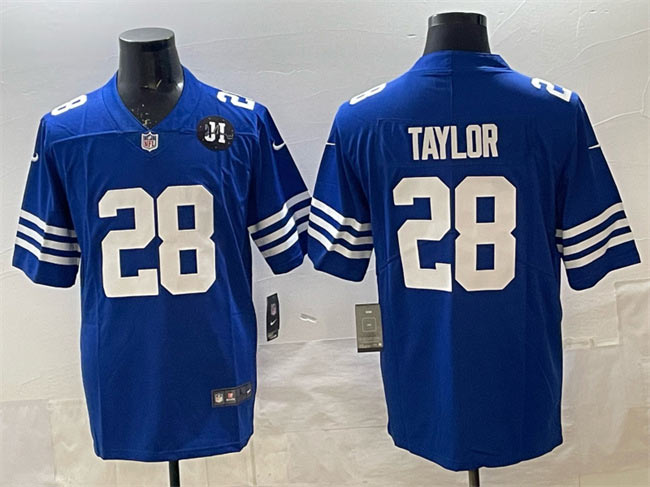 Men's Indianapolis Colts 28 Jonathan Taylor Blue Jim Irsay Patch Vapor Limited Football Stitched Jersey