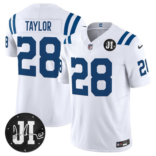 Men's Indianapolis Colts 28 Jonathan Taylor White 2025 F.U.S.E. Jim Irsay Patch Vapor Limited Football Stitched Jersey