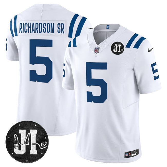 Men's Indianapolis Colts 5 Anthony Richardson White 2025 F.U.S.E. Jim Irsay Patch Vapor Limited Football Stitched Jersey
