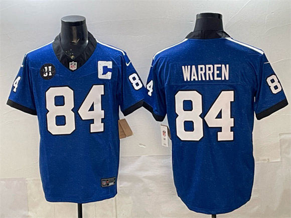 Men's Indianapolis Colts 84 Tyler Warren Blue 2025 F.U.S.E. Jim Irsay Patch Throwback Vapor Limited Football Stitched Jersey