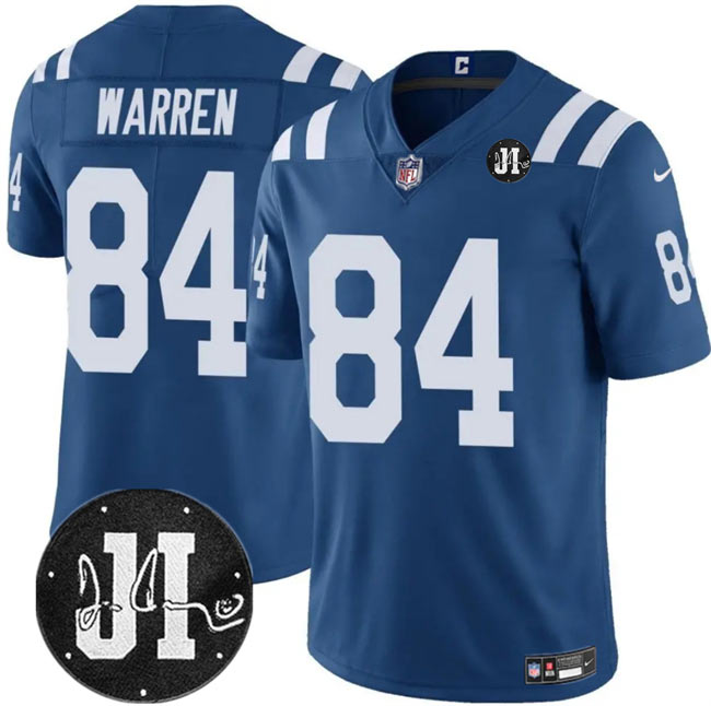 Men's Indianapolis Colts 84 Tyler Warren Blue Jim Irsay Patch Vapor Limited Football Stitched Jersey