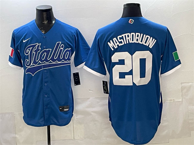 Men's Italy Baseball 20 Miles Mastrobuoni Blue 2026 World Baseball Classic Home Stadium Stitched Jersey