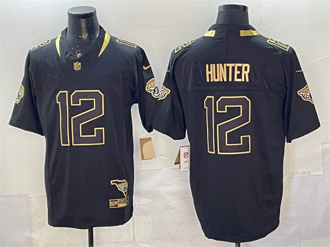 Men's Jacksonville Jaguars 12 Travis Hunter Black Gold 2025 F.U.S.E. With Patch Vapor Untouchable Limited Stitched Jersey