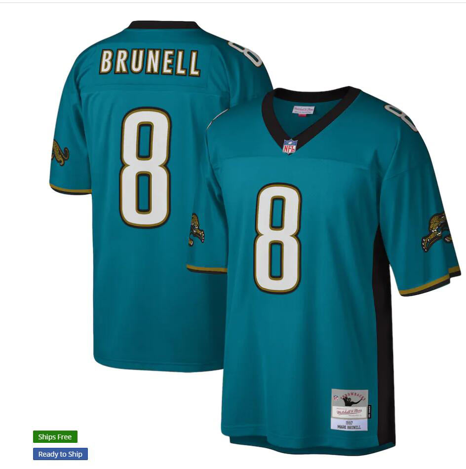 Men's Jacksonville Jaguars 8 Mark Brunell 1997 Mitchell & Ness Teal NFL Throwback Football Jersey