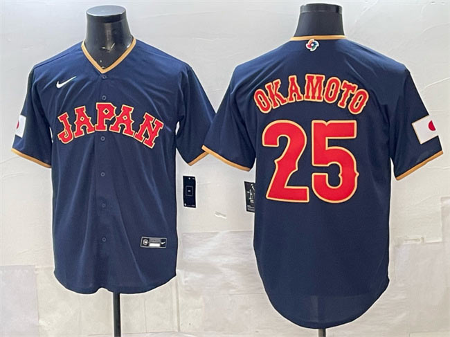 Men's Japan Baseball 25 Kazuma Okamoto Navy 2026 World Baseball Classic Road Stadium Stitched Jersey