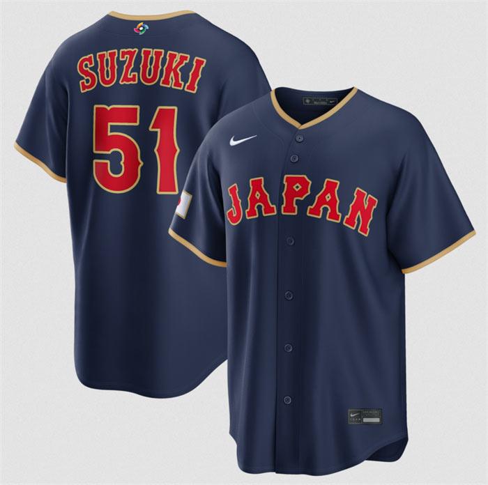 Men's Japan Baseball 51 Seiya Suzuki Navy 2026 World Baseball Classic Road Stadium Stitched Jersey