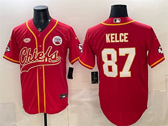 Men's Kansas City Chiefs 87 Travis Kelce Red With NKH Patch Cool Base Stitched Baseball Jersey