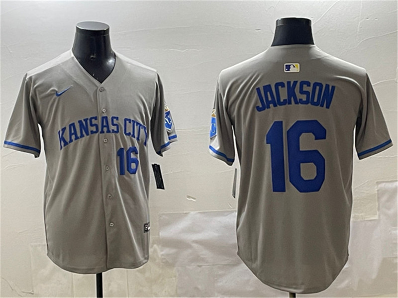 Men's Kansas City Royals 16 Bo Jackson Gray 2024 Away Limited Stitched Baseball Jersey