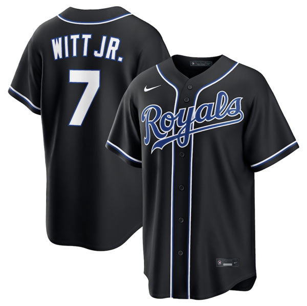 Men's Kansas City Royals 7 Bobby Witt Jr. Black Out Stitched Baseball Jersey