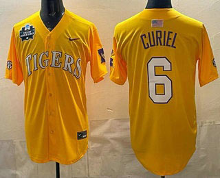 Men's LSU Tigers 6 Derek Curiel Gold 2025 World Series SEC Patch Stitched Baseball Jersey