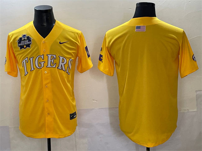 Men's LSU Tigers Blank Gold 2025 World Series & SEC Patch Stitched Baseball Jersey