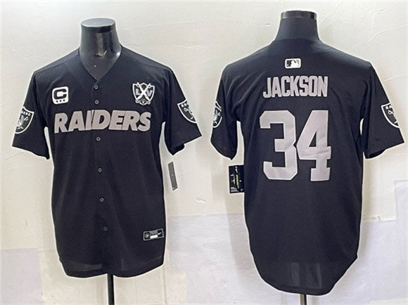 Men's Las Vegas Raiders 34 Bo Jackson Black With Nevada Silver Stat Patch And 65th Anniversary Patch 3 Star C Patch Stitched Baseball Jersey