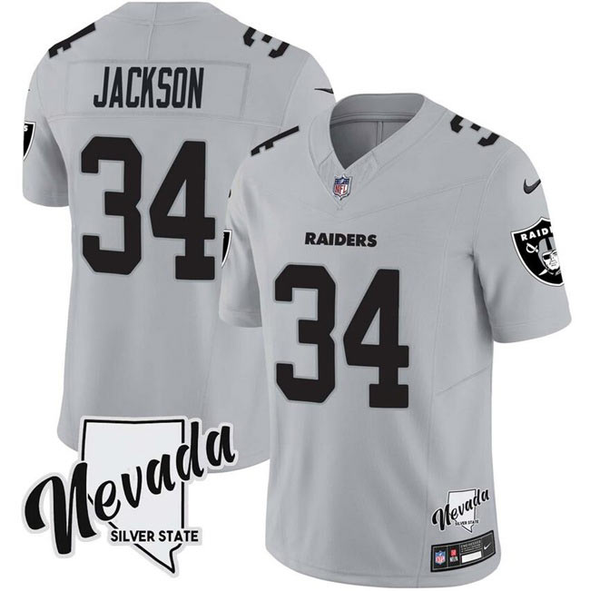 Men's Las Vegas Raiders 34 Bo Jackson Gray F.U.S.E. With Nevada Silver Stat Patch Vapor Limited Football Stitched Jersey