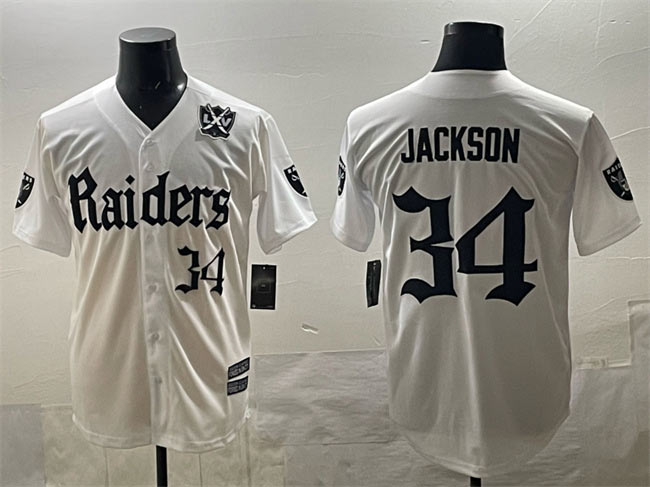 Men's Las Vegas Raiders 34 Bo Jackson White 'Gothic Sin City Shadows Edition' With 65th Anniversary Patch Vapor Limited Stitched Baseball Jersey