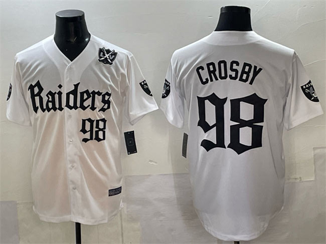 Men's Las Vegas Raiders 98 Maxx Crosby White 'Gothic Sin City Shadows Edition' With 65th Anniversary Patch Vapor Limited Stitched Baseball Jersey