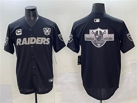 Men's Las Vegas Raiders Team Big Logo Black With Nevada Silver Stat Patch And 65th Anniversary Patch 3 Star C Patch Stitched Baseball Jersey