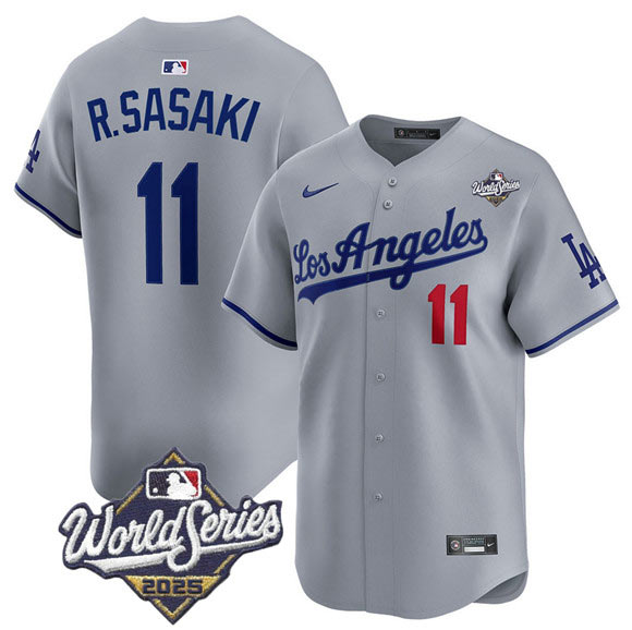 Men's Los Angeles Dodgers 11 Roki Sasaki Gray 2025 World Series Stitched Baseball Jersey