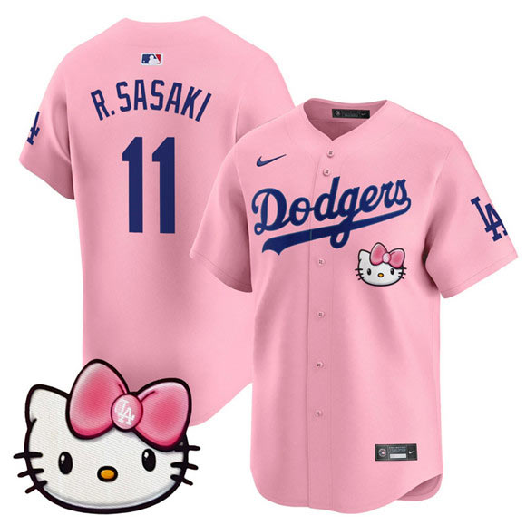 Men's Los Angeles Dodgers 11 Roki Sasaki Pink 2025 Hello Kitty Vapor Limited Stitched Baseball Jersey