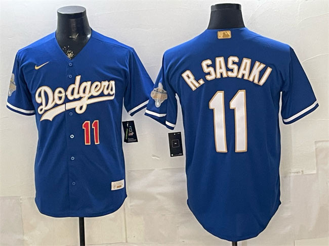 Men's Los Angeles Dodgers 11 Roki Sasaki Royal 2026 Alternate Gold Collection Stadium Stitched Baseball Jersey