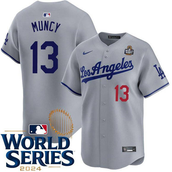 Men's Los Angeles Dodgers 13 Max Muncy Gray 2024 World Series Patch Limited Stitched Baseball Jersey