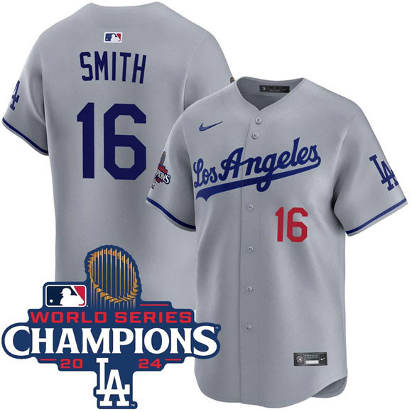 Men's Los Angeles Dodgers 16 Will Smith Gray 2024 World Series Champions Patch Limited Stitched Baseball Jersey