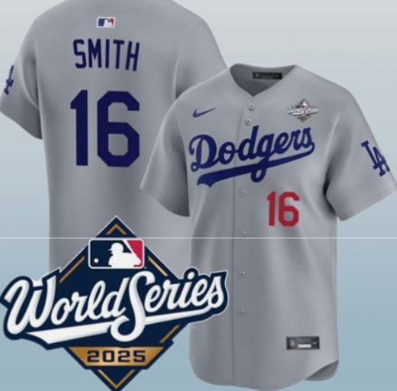 Men's Los Angeles Dodgers 16 Will Smith Gray 2025 World Series Limited Stitched Baseball Jersey