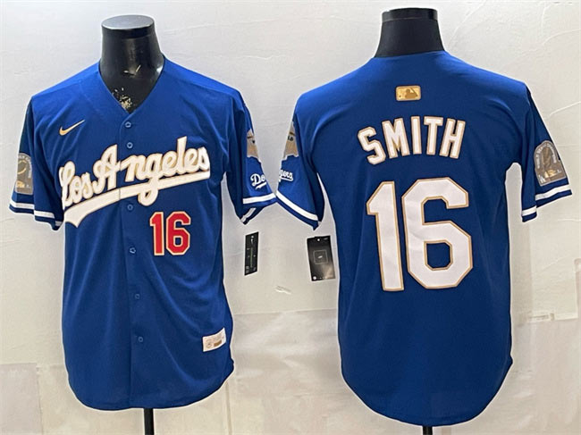 Men's Los Angeles Dodgers 16 Will Smith Royal 2026 Gold Collection 9x & B2B Champs Patch Stitched Baseball Jersey