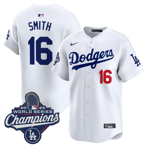 Men's Los Angeles Dodgers 16 Will Smith White 2025 Champions Stitched Baseball Jersey
