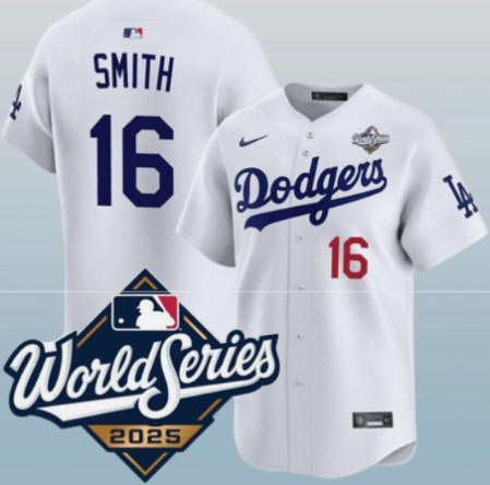 Men's Los Angeles Dodgers 16 Will Smith White 2025 World Series Home Limited Stitched Baseball Jersey