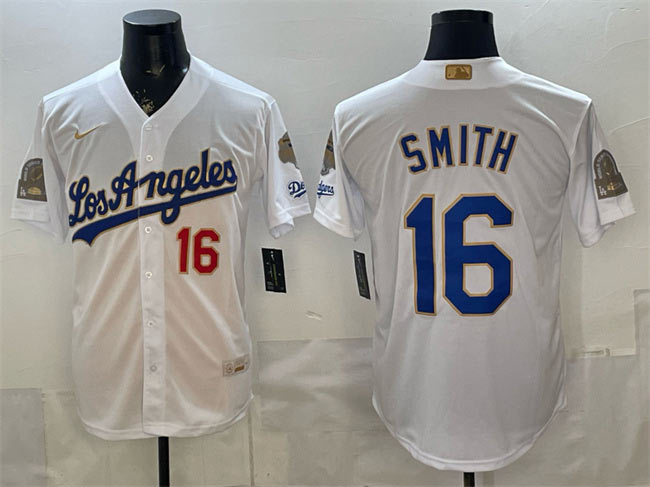 Men's Los Angeles Dodgers 16 Will Smith White 2026 Gold Collection 9x & B2B Champs Patch Stitched Baseball Jersey