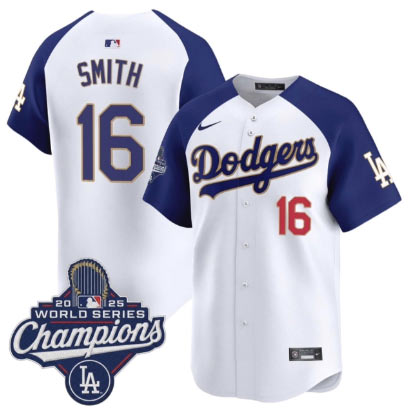 Men's Los Angeles Dodgers 16 Will Smith White Blue 2025 Champions Stitched Baseball Jersey