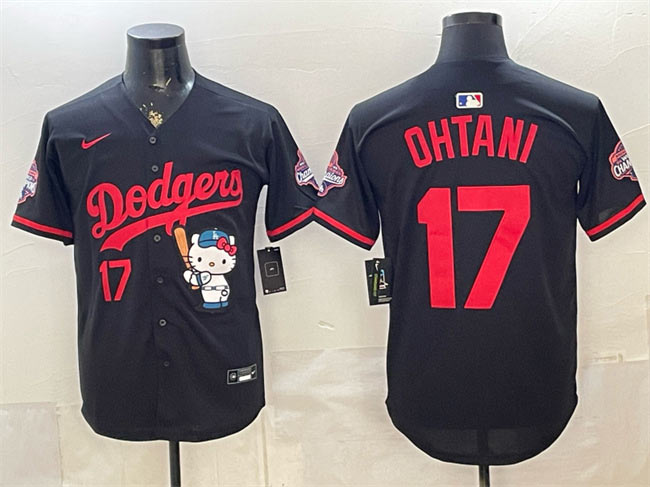 Men's Los Angeles Dodgers 17 Shohei Ohtani Black Hello Kitty Night 2025 World Series Champions Patch Stitched Baseball Jersey