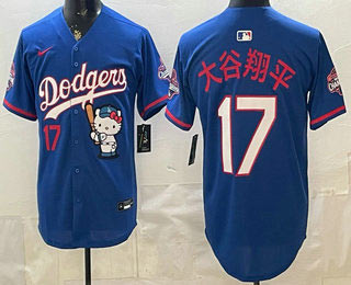Men's Los Angeles Dodgers 17 Shohei Ohtani Blue Japanese Hello Kitty 2025 World Series Champions Limited Jersey