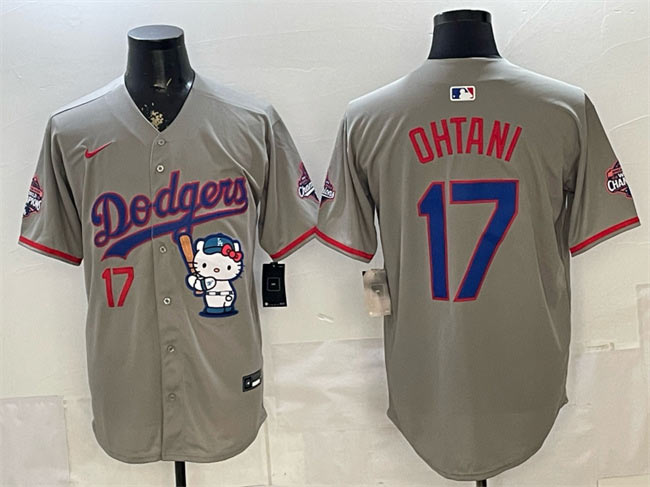 Men's Los Angeles Dodgers 17 Shohei Ohtani Grey Hello Kitty Night 2025 World Series Champions Patch Stitched Baseball Jersey