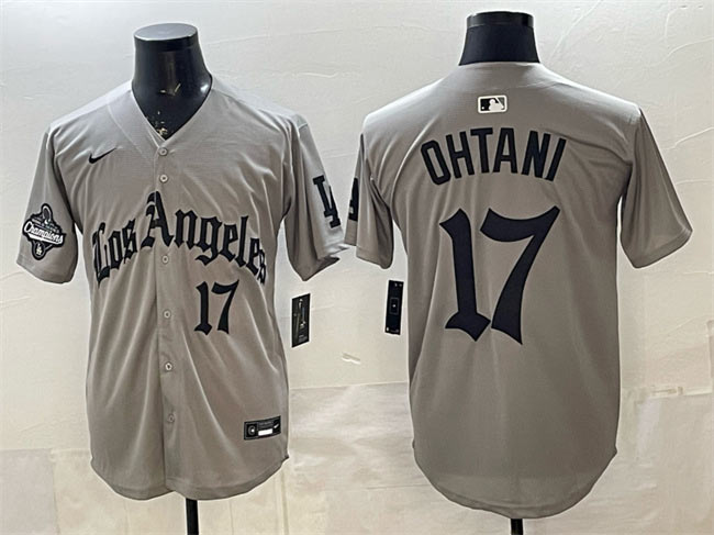 Men's Los Angeles Dodgers 17 Shohei Ohtani Grey LA Gothic Style With 2025 World Series Champions Patch Limited Stitched Baseball Jersey