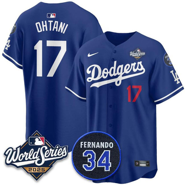Men's Los Angeles Dodgers 17 Shohei Ohtani Royal 2025 World Series With No.34 Patch Limited Stitched Baseball Jersey