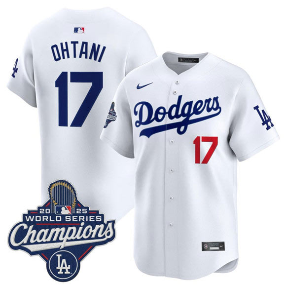 Men's Los Angeles Dodgers 17 Shohei Ohtani White 2025 Champions Stitched Baseball Jersey