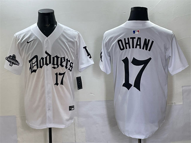 Men's Los Angeles Dodgers 17 Shohei Ohtani White 2025 LA Gothic Style With 2024 World Series Champions Patch Vapor Premier Limited Stitched Baseball Jersey