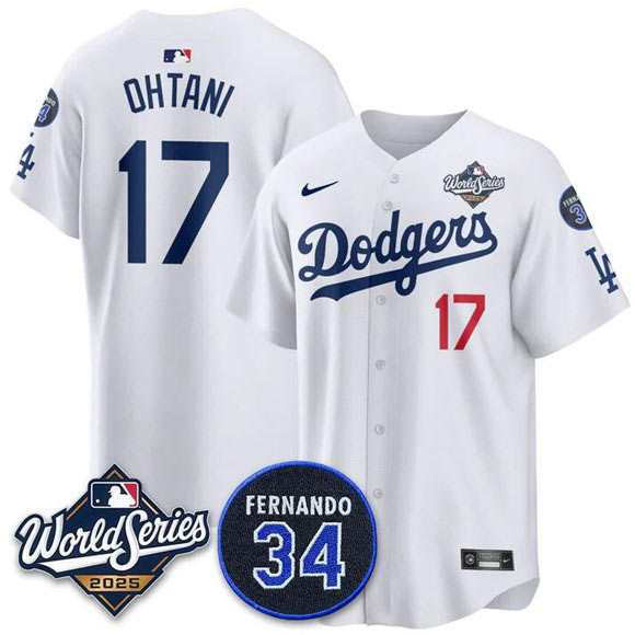 Men's Los Angeles Dodgers 17 Shohei Ohtani White 2025 World Series With No. 34 Patch Limited Stitched Jersey