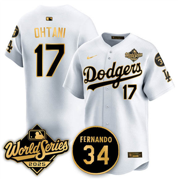 Men's Los Angeles Dodgers 17 Shohei Ohtani White Gold 2025 World Series With No.34 Patch Limited Stitched Baseball Jersey