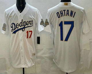 Men's Los Angeles Dodgers 17 Shohei Ohtani White Gold World Series Champions Collection Limited Jersey