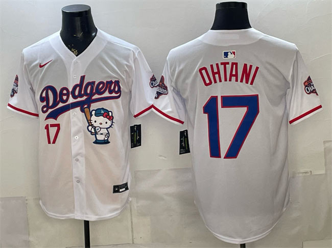 Men's Los Angeles Dodgers 17 Shohei Ohtani White Hello Kitty Night 2025 World Series Champions Patch Stitched Baseball Jersey