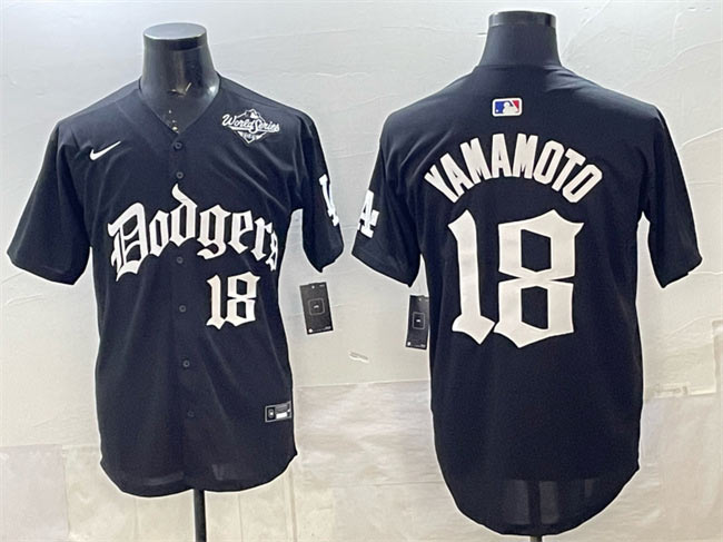 Men's Los Angeles Dodgers 18 Yoshinobu Yamamoto Black 2025 LA Gothic Style With 2025 World Series Patch Vapor Premier Limited Stitched Baseball Jersey