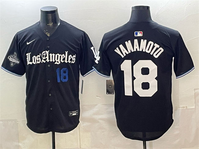 Men's Los Angeles Dodgers 18 Yoshinobu Yamamoto Black 2025 World Series Champions Patch 'Gothic Edition' Vapor Premier Limited Stitched Baseball Jersey