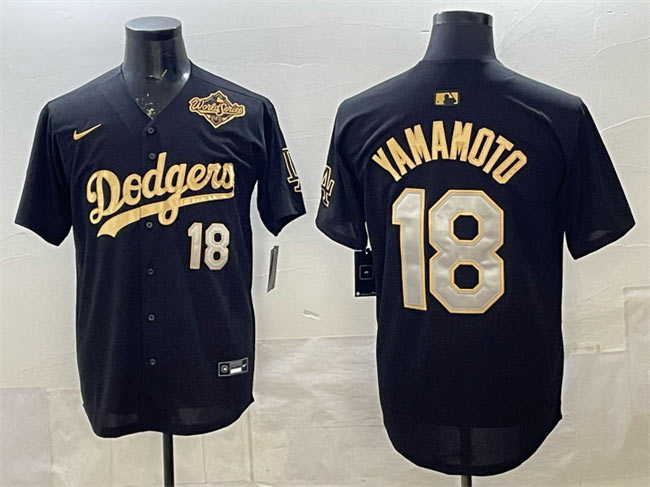 Men's Los Angeles Dodgers 18 Yoshinobu Yamamoto Black Gold 2025 World Series Patch Limited Stitched Baseball Jersey
