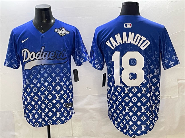 Men's Los Angeles Dodgers 18 Yoshinobu Yamamoto Blue 2025 World Series Patch Limited Stitched Baseball Jersey