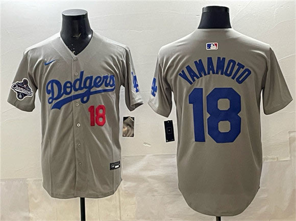 Men's Los Angeles Dodgers 18 Yoshinobu Yamamoto Gray 2025 World Series Champions Patch Stitched Baseball Jersey
